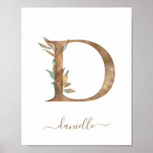 Monogram Watercolor Floral Gold Letter D Poster