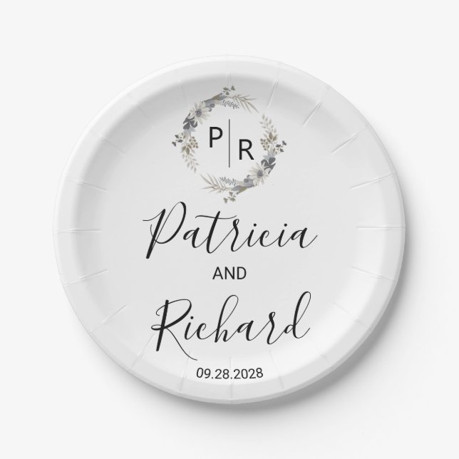 Monogram Watercolor Floral Wedding Pappteller (Vorderseite)