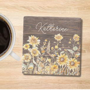 Monogram Watercolor Gelbe Sonnenblumenfelder Holz Steinuntersetzer