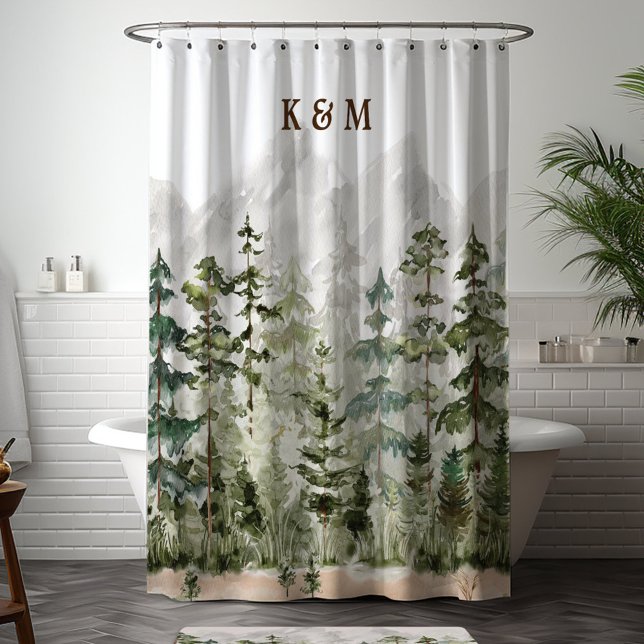 Monogram Watercolor Green Pine Forest on Mountain Duschvorhang (In situ bathroom)
