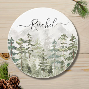 Monogram Watercolor Green Pine Forest on Mountain Getränkeuntersetzer