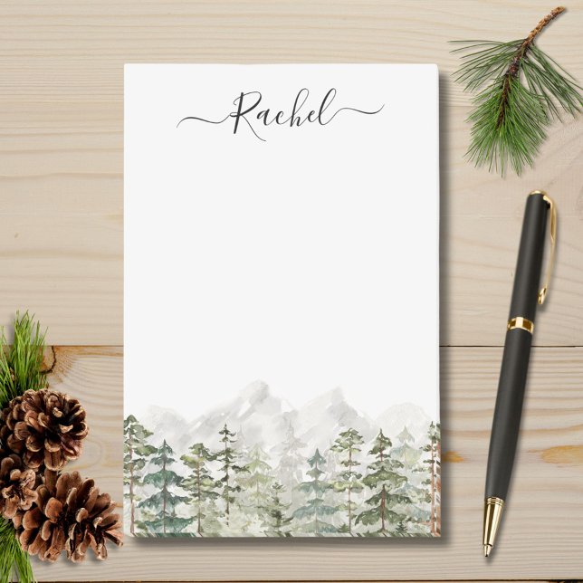 Monogram Watercolor Green Pine Forest on Mountain Post-it Klebezettel (In situ)