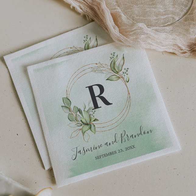Monogram Watercolor Greenerity Gold Wedding Serviette (Von Creator hochgeladen)