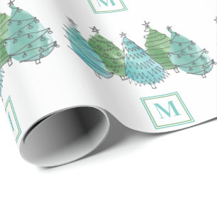 Monogram Watercolor Grüne Weihnachtsbaumen Geschenkpapier