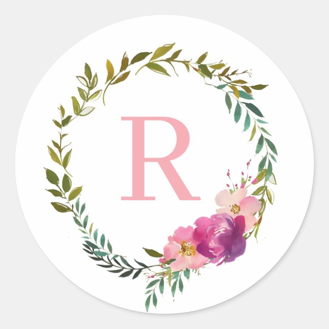 Monogram Watercolor Laurel Pink Blume Kranz Runder Aufkleber (Vorderseite)