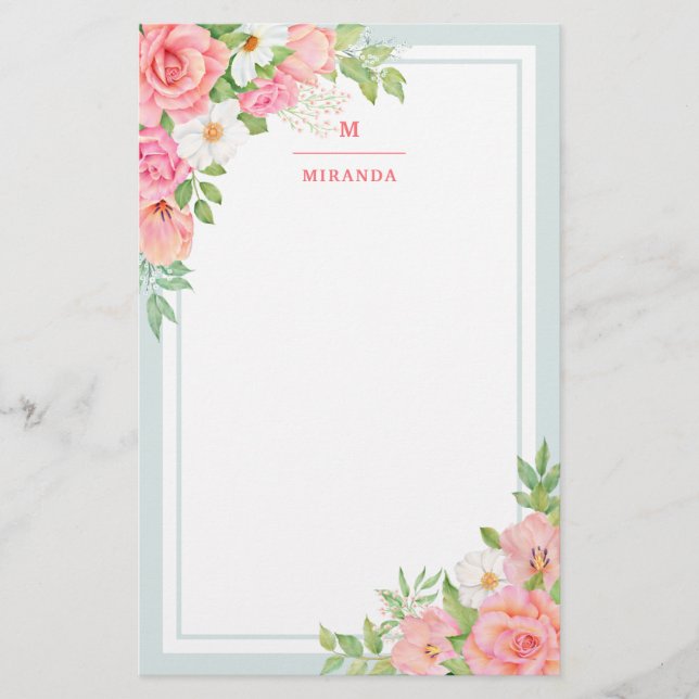 Monogram Watercolor Ombre Blumengrün Rose Briefpapier (Vorderseite)