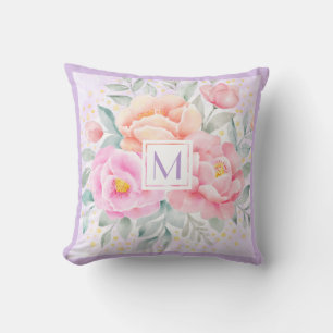 Monogram Watercolor Peongs Rose Pink Floral Boho Kissen