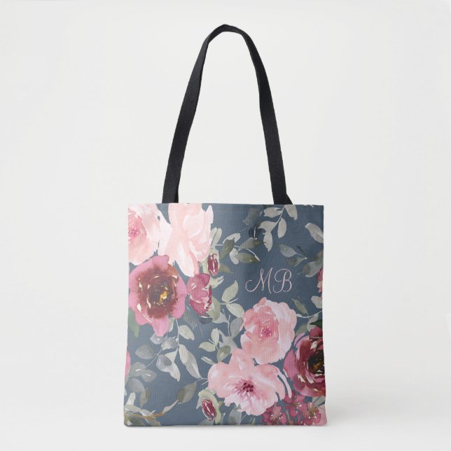 Monogram Watercolor Pink Burgundy Modernes Floral Tasche (Vorderseite)
