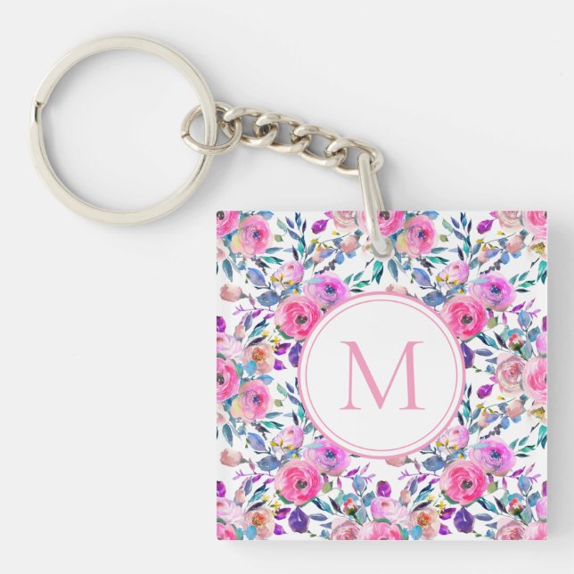 Monogram Watercolor Pink Floral Schlüsselanhänger (Vorderseite)