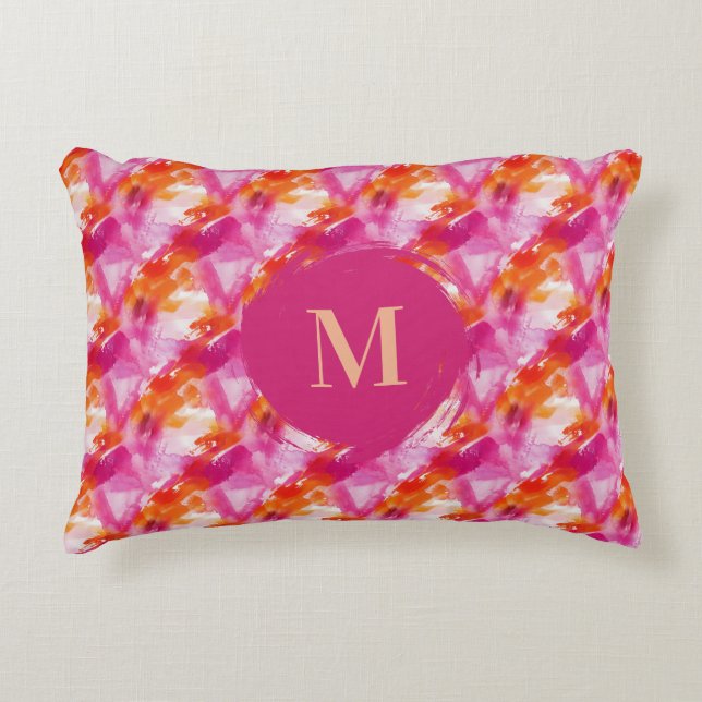 Monogram Watercolor Pink Orange Abstract Dekokissen (Vorderseite)
