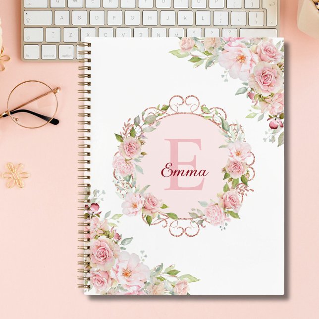 Monogram Watercolor Pink Rose Flowers Sketchbook Notizbuch (In situ)