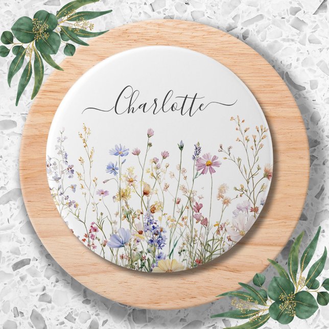 Monogram Watercolor Rustic Pretty Wildflower Field Button (In situ)