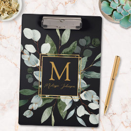 Monogram Watercolor Tropical Eucalyptus Black Klemmbrett