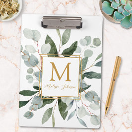 Monogram Watercolor Tropical Eucalyptus White Klemmbrett