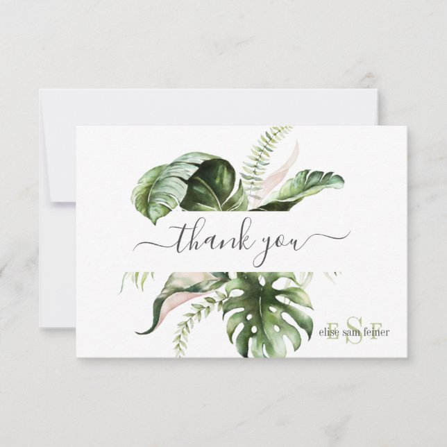 Monogram Watercolor Tropical Folies Vielen Dank Dankeskarte (Vorderseite)