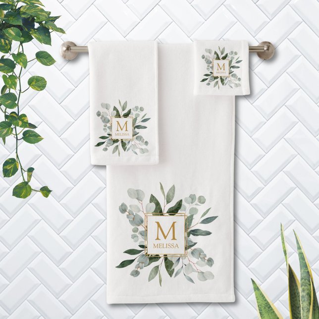 Monogram Watercolor Tropical Green Leaves Badhandtuch Set (in situ)