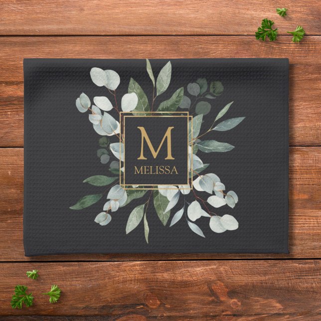 Monogram Watercolor Tropical Green Leaves Black Geschirrtuch (In situ)
