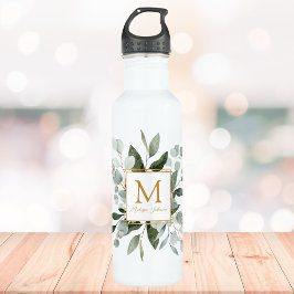 Monogram Watercolor Tropical Green Leaves Edelstahlflasche