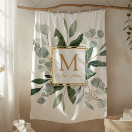 Monogram Watercolor Tropical Green Leaves Fleecedecke