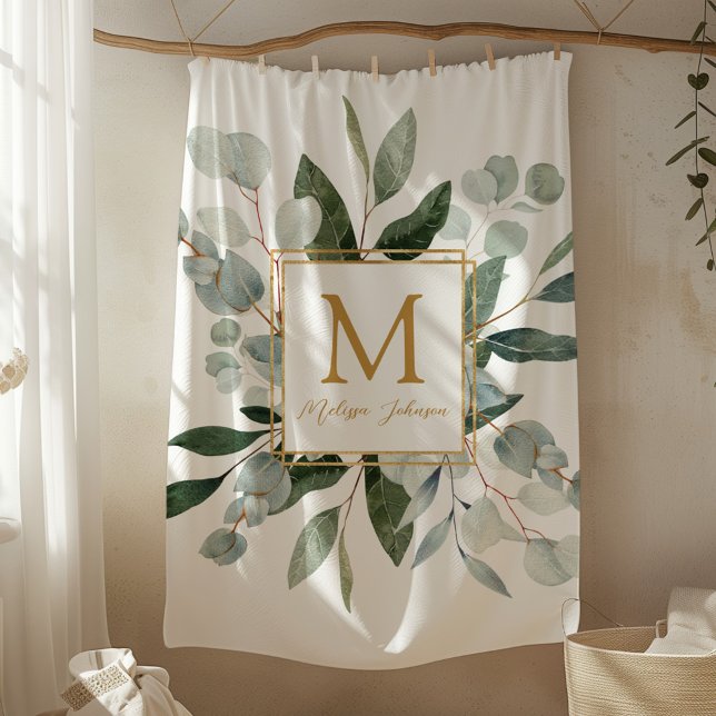 Monogram Watercolor Tropical Green Leaves Fleecedecke (In situ)