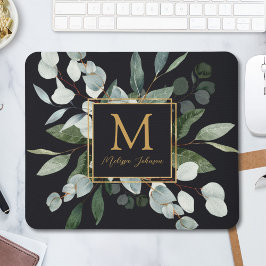 Monogram Watercolor Tropical Green Leaves Mousepad