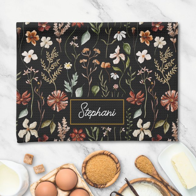 Monogram Watercolor Vintage Wildflower Floral Tea Geschirrtuch (In situ)