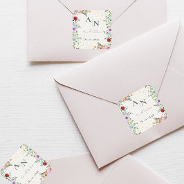 Monogram Watercolor Wildblumen Blumenhochzeit Quadratischer Aufkleber