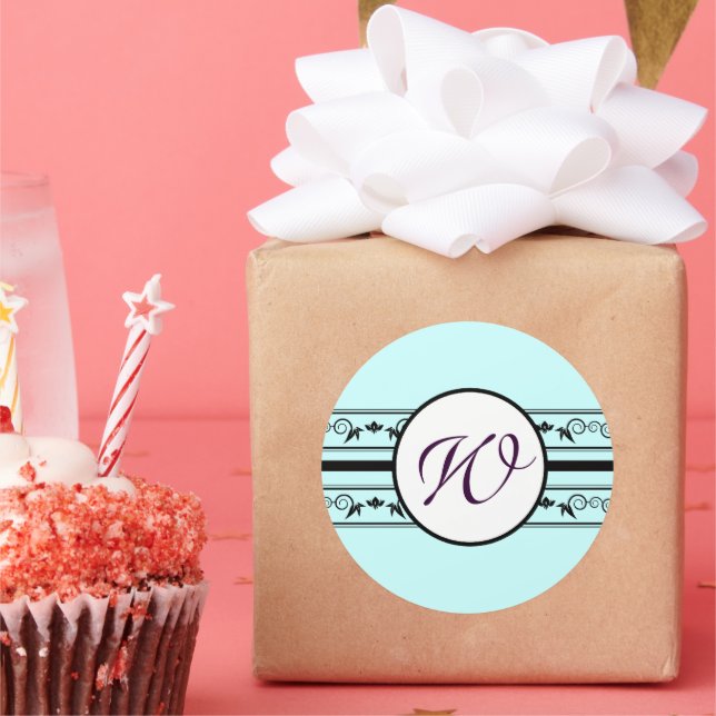 Monogram Wedding Aqua Blue Borders Runder Aufkleber (Party)
