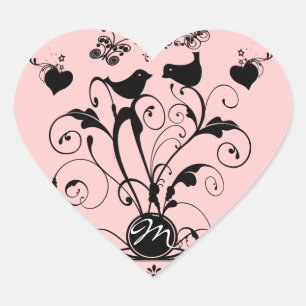 Monogram Wedding Birds Hearts Wirbel Herz-Aufkleber