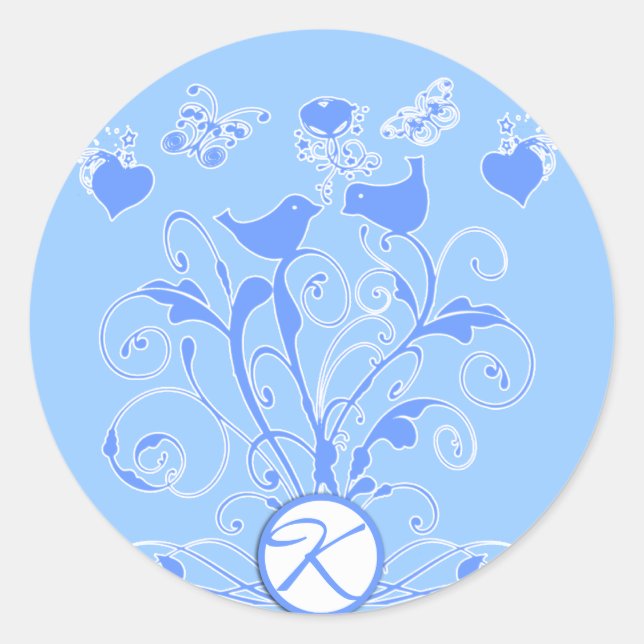 Monogram Wedding Birds Hearts Wirbel Powder Blue Runder Aufkleber (Vorderseite)