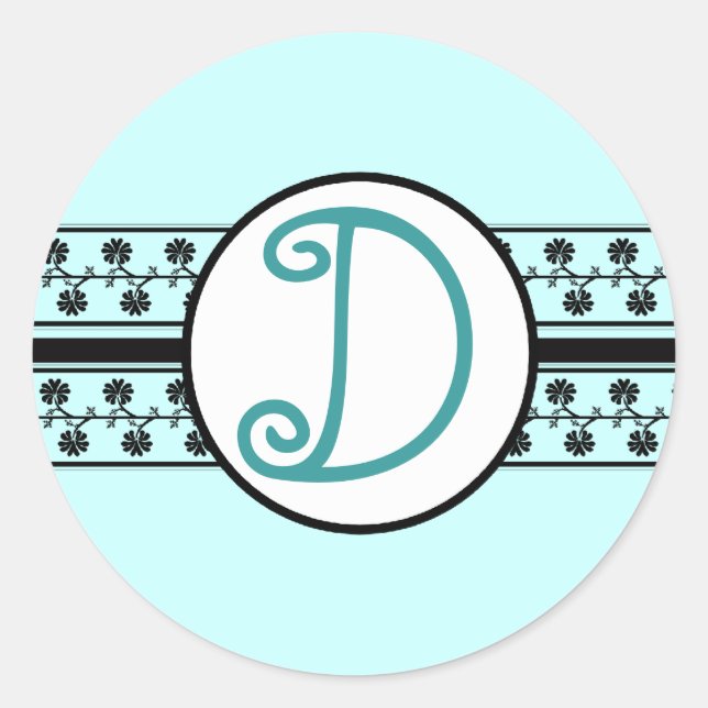 Monogram Wedding Borders Aqua Blue Runder Aufkleber (Vorderseite)