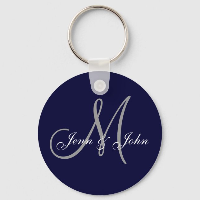 Monogram Wedding Bride Groom Names Navy Schlüssela Schlüsselanhänger (Vorderseite)