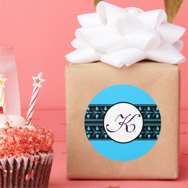 Monogram Wedding Bright Blue Borders Runder Aufkleber (Party)