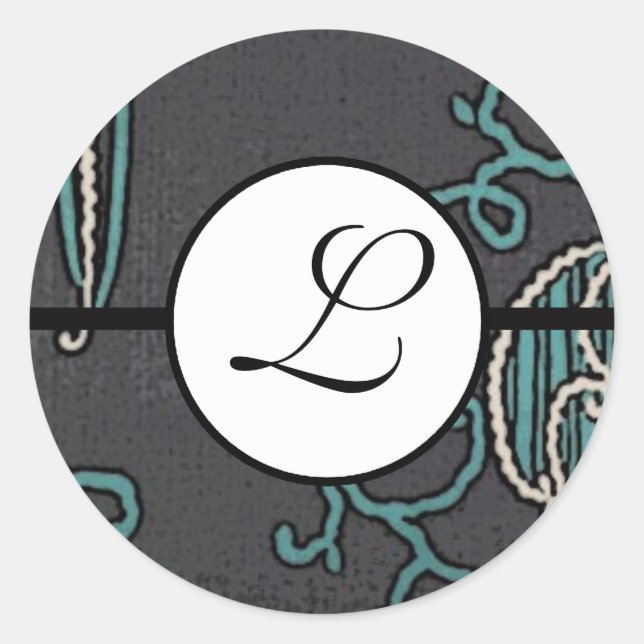 Monogram Wedding Brite Aqua Blue Borders Runder Aufkleber (Vorderseite)