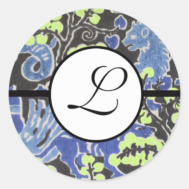 Monogram Wedding Brite Blue Borders Runder Aufkleber (Vorderseite)