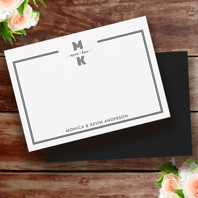 Monogram Wedding Couple Schwarz-weiß Elegant Simpl Mitteilungskarte (Wedding Couple Black White Elegant Simple Monogram Note Card)