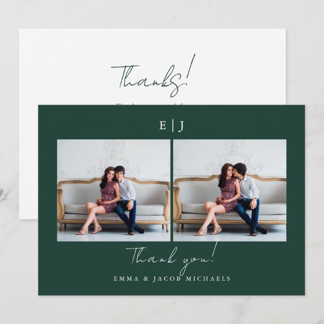 Monogram Wedding Danke, Foto Green Dankeskarte (Vorne/Hinten)