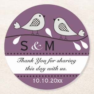 Monogram Wedding Danke Lila Liebesvögel Runder Pappuntersetzer