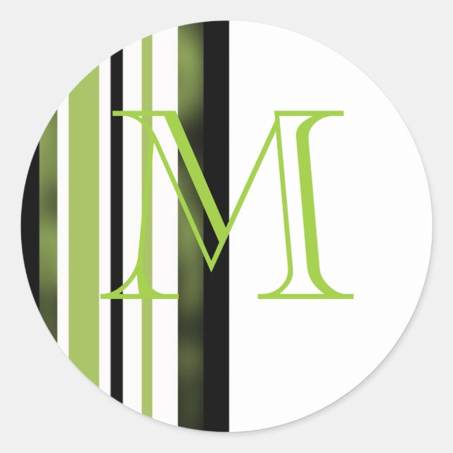 Monogram Wedding Designer Grüne weiße Streifen Runder Aufkleber (Vorderseite)