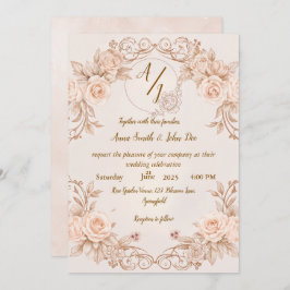 Monogram Wedding Einladung mit eleganter Rose Desi