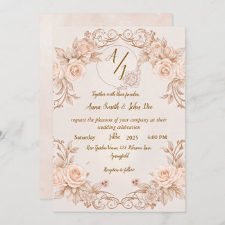 Monogram Wedding Einladung mit eleganter Rose Desi