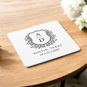 Monogram Wedding Floral Wappen Elegant Rechteckiger Pappuntersetzer