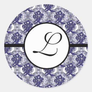 Monogram Wedding Kanji für Liebe Blue Damask Runder Aufkleber