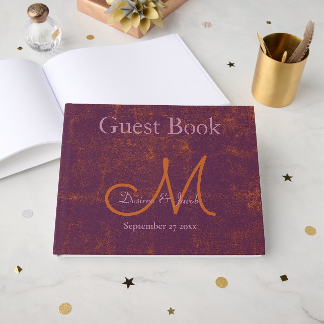 Monogram Wedding Lila Orange Rustic Texture Gästebuch (Vorderseite Offen)