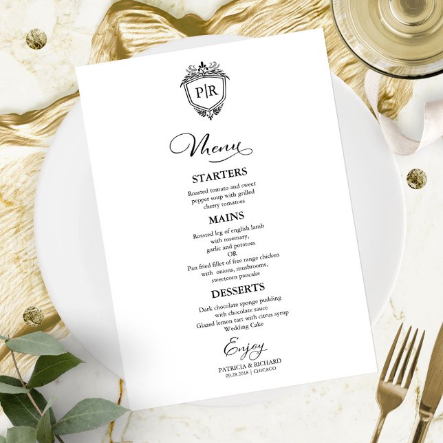 Monogram Wedding Menu Cards Schwarz und Weiß Menükarte (Von Creator hochgeladen)