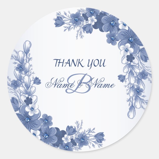 Monogram Wedding Party Danke, dass du Floral Blue  Runder Aufkleber (Vorderseite)