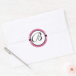 Monogram Wedding Raspberry Damask Runder Aufkleber