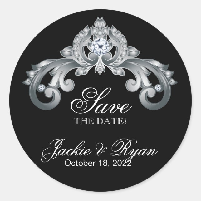 Monogram Wedding Save the Date Black Silver Runder Aufkleber (Vorderseite)