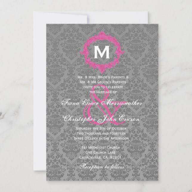 Monogram Wedding V027B, grau und rosa Damask Einladung (Vorderseite)