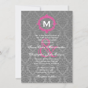 Monogram Wedding V027B, grau und rosa Damask Einladung